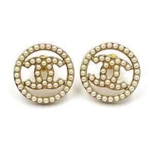 Chanel Gold CC Mini Pearl Round Piercing Earrings